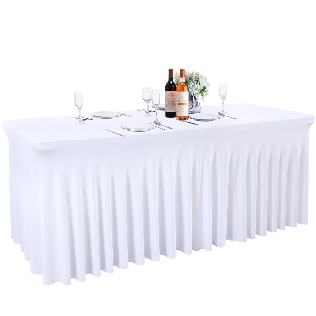 HOHO MONKEY White Spandex Tablecloths Wedding Table Skirt for Rectangle Tables 4ft One-Piece Wrinkle-Resistant Ruffles Design Perfect for Banquets Parties