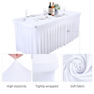 HOHO MONKEY White Spandex Tablecloths Wedding Table Skirt for Rectangle Tables 4ft One-Piece Wrinkle-Resistant Ruffles Design Perfect for Banquets Parties