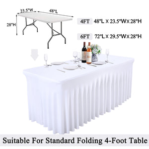 HOHO MONKEY White Spandex Tablecloths Wedding Table Skirt for Rectangle Tables 4ft One-Piece Wrinkle-Resistant Ruffles Design Perfect for Banquets Parties