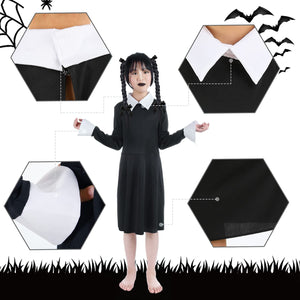 HB HBB MAGIC Halloween Wednesday Addams Family Costume for Girls Kids, Peter Pan Collar Black Dress Up Outfit for Child