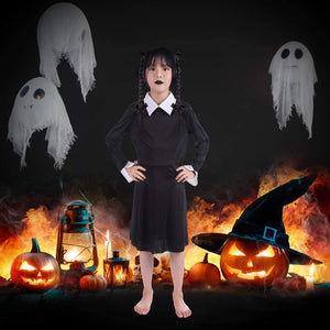 HB HBB MAGIC Halloween Wednesday Addams Family Costume for Girls Kids, Peter Pan Collar Black Dress Up Outfit for Child